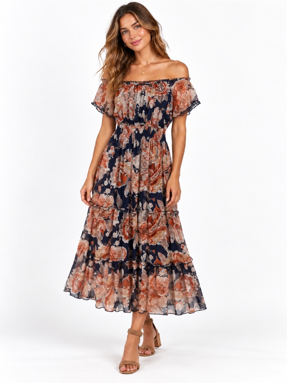 Kate and Lily Dress Size 6 Navy Rust Floral Paisley Smocked Romantic Boho Chic M